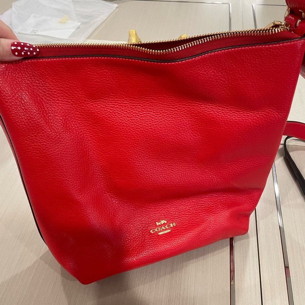 Coach Red Pebbled Leather Tote with Gold Hardware